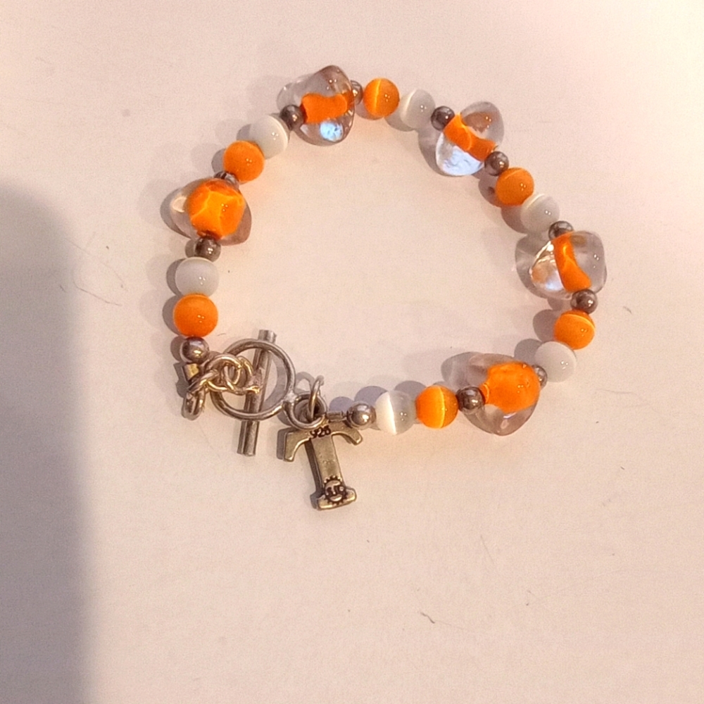 Tennessee Vols Sterling Silver orange and Silver Beaded Bracelet
